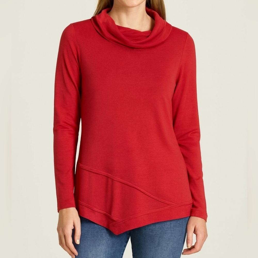Weekends by Chicos Tunic Top 0/Small Red Cowl Neck Long Sleeve Asymmetrical Hem